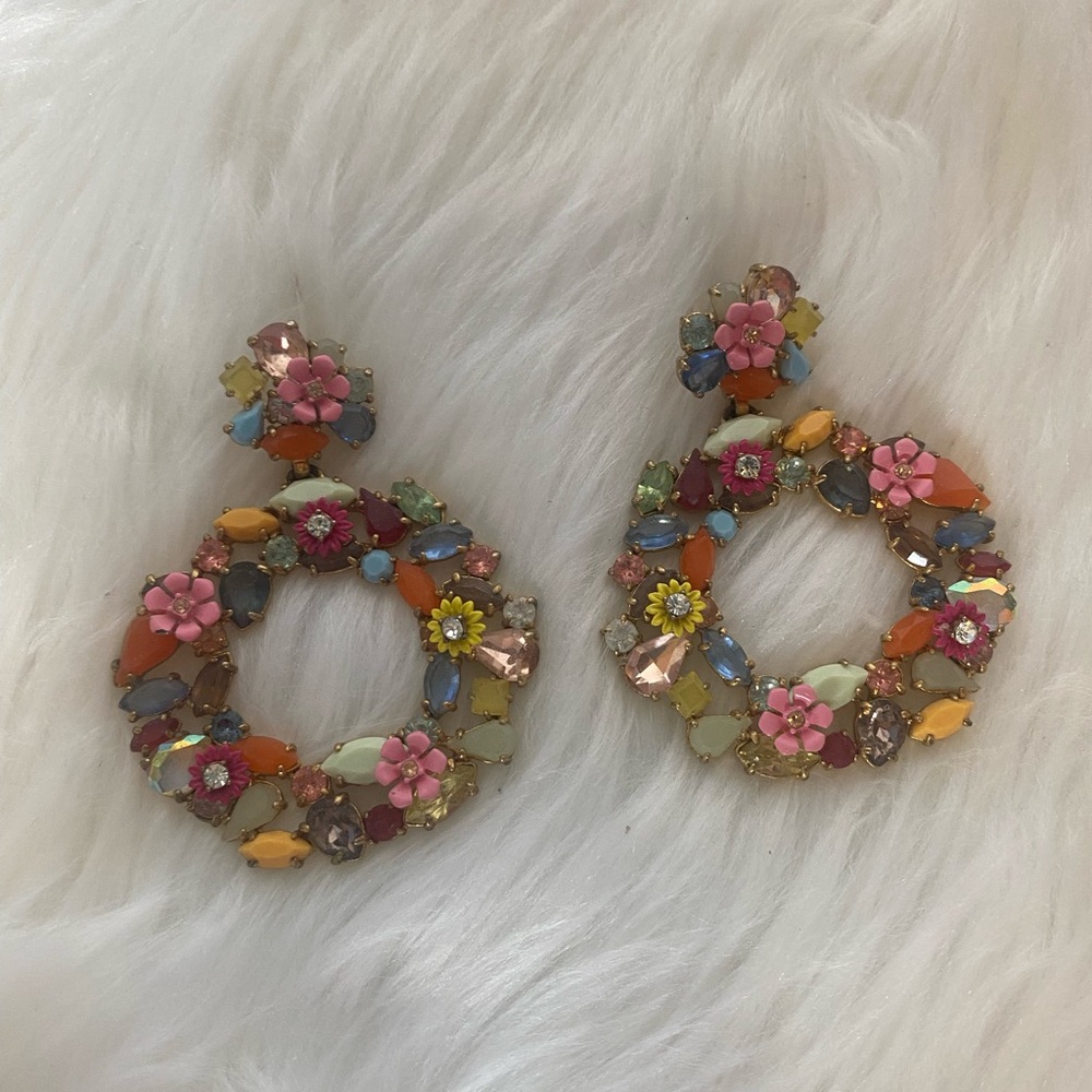 J. Crew Watusi Crystal Floral Wreath Earrings Multi Color Light Gold Brass